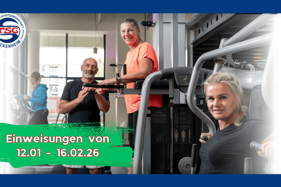 Drei Personen im Fitnessstudio nutzen Geräte, während ein Banner die Einweisungen vom 12.01. bis 16.02.26 anzeigt.