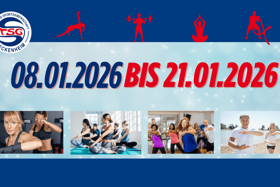 Plakat der TSG Seckenheim mit Ankündigung einer Sportveranstaltung vom 08. bis 21. Januar 2026, verschiedene Sportler abgebildet.