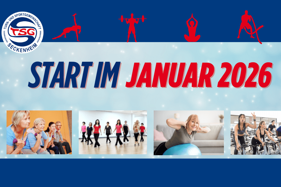 Grafik mit dem Text "START IM JANUAR 2026"; Fotos von sportlichen Aktivitäten und Frauen beim Training. TSG Seckenheim Logo.
