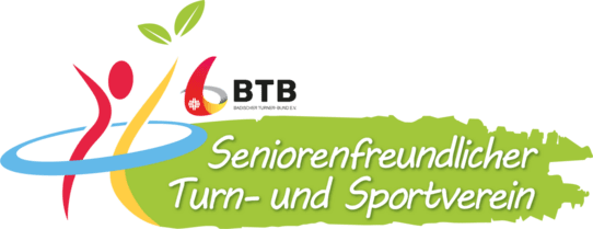 Logo des seniorenfreundlichen Turn- und Sportvereins mit stilisierten Figuren, Blättern und Schriftzug auf grünem Hintergrund.