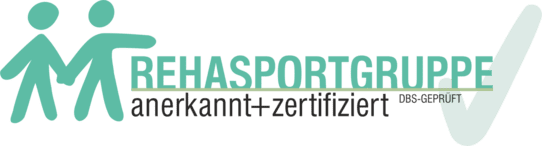 Logo der Rehasportgruppe mit stilisierten Figuren, Text: "Rehasportgruppe anerkannt + zertifiziert DBS-geprüft".