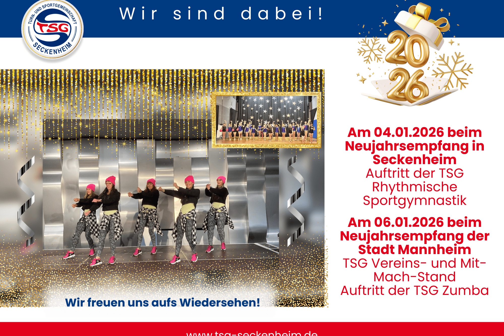 TSG Zumba-Team tanzt auf einer festlich dekorierten Bühne während des Neujahrsempfangs. Einladungstext am oberen Rand.